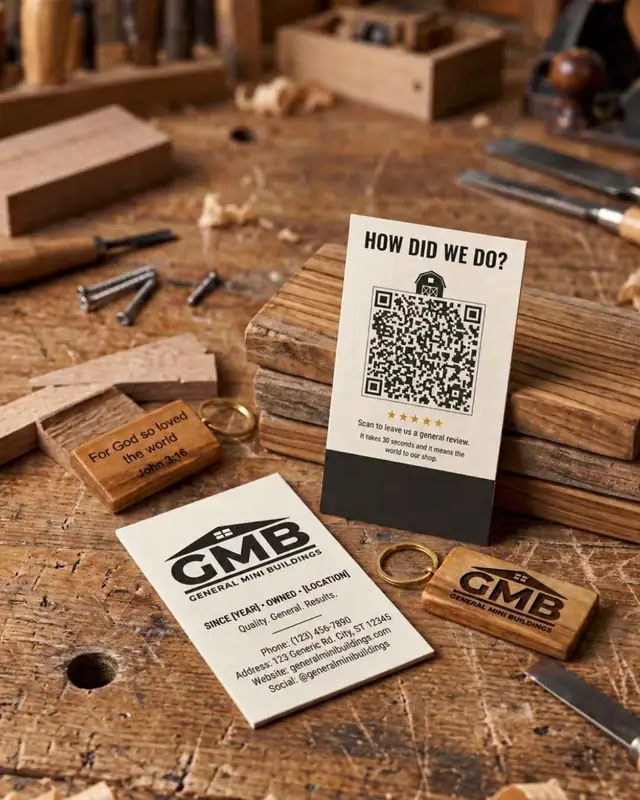 Engraved olive wood keychains and Google review request cards made for General Mini Buildings, shown on the workbench