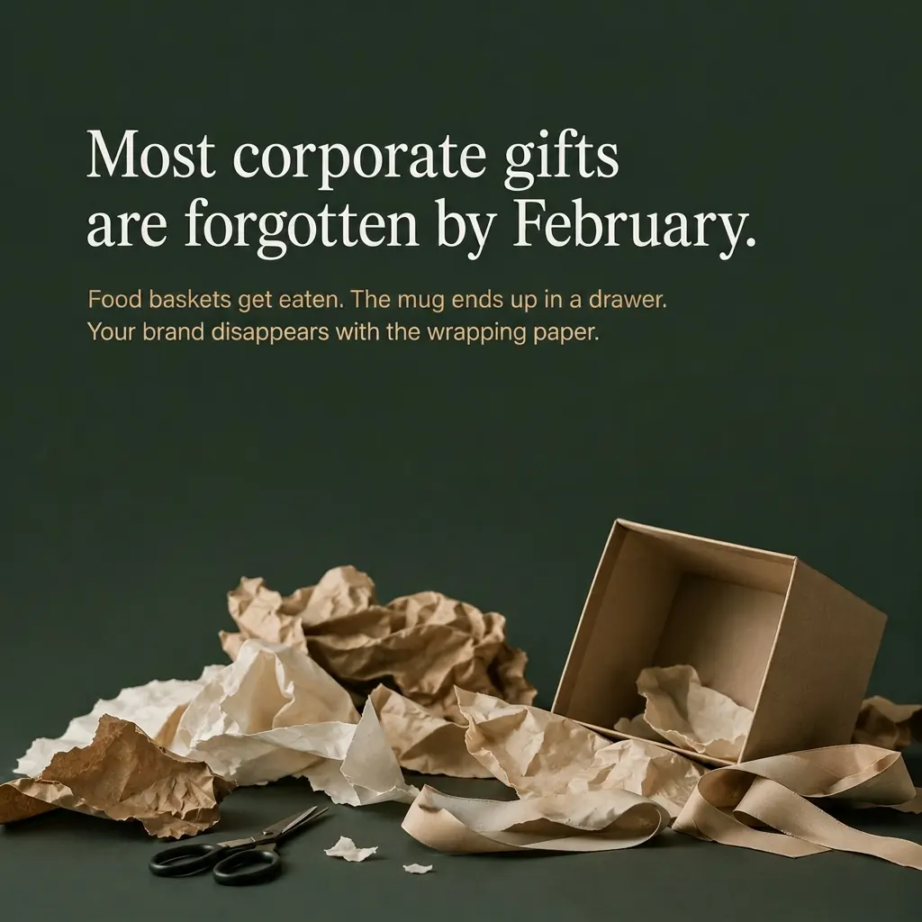 Most corporate gifts are forgotten — crumpled wrapping paper and an empty gift box
