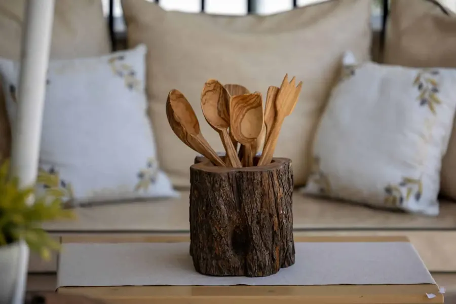 Handcrafted olive wood kitchen utensil bundle in a holder