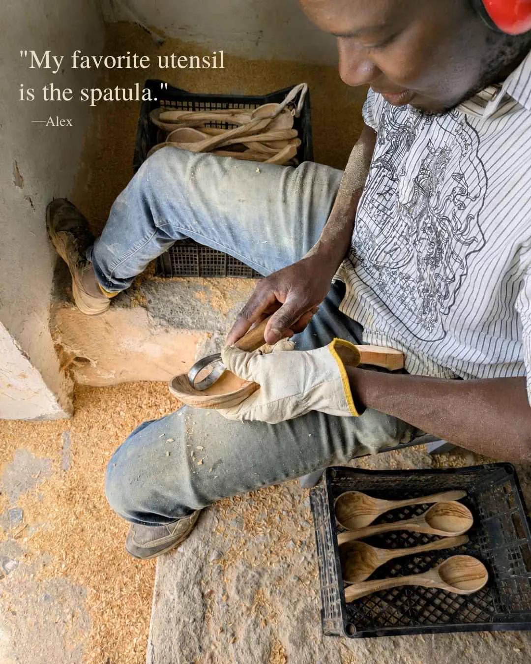 Artisan Alex carving the bowl of an olive wood spatula