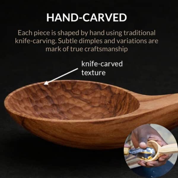 Premium gift box containing hand-carved olive wood kitchen utensils (spoons and spatulas) made from Mediterranean olive wood by Greek artisans, emphasizing ethical craftsmanship, traditional woodworking, and purpose-driven gifting under the Lesvos Woodcraft brand.