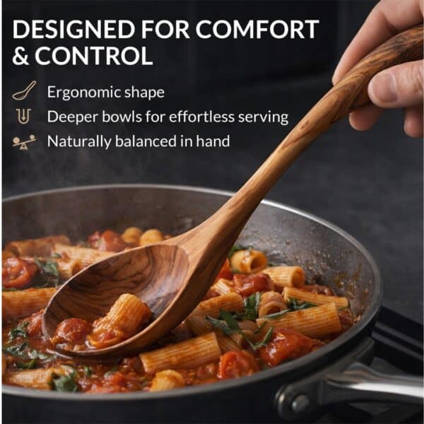 Premium gift box containing hand-carved olive wood kitchen utensils (spoons and spatulas) made from Mediterranean olive wood by Greek artisans, emphasizing ethical craftsmanship, traditional woodworking, and purpose-driven gifting under the Lesvos Woodcraft brand.