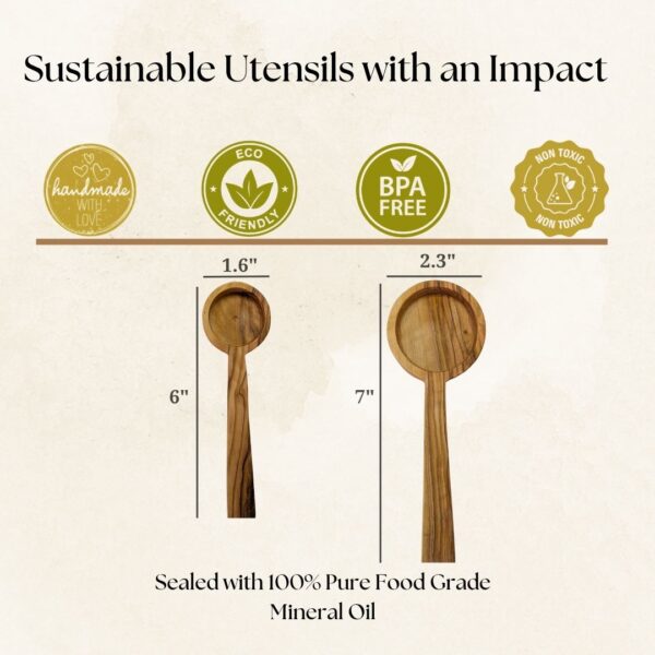 Handcrafted olive wood coffee scoops from Lesvos Woodcraft, available in two sizes — small scoop measuring 6 inches long with a 1.6 inch bowl, and large scoop measuring 7 inches long with a 2.3 inch bowl. Sustainable utensils with an impact — handmade with love, eco-friendly, BPA free, and non-toxic. Sealed with 100% pure food grade mineral oil.